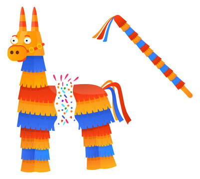 Broken pinata lama with falling candy. Party game