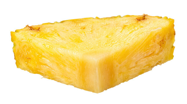 Pineapple slice, photorealistic fresh triangular fruit piece with bright yellow juicy pulp, fibrous texture and cleanly cut edges. Front three-quarter macro view, tack-sharp food focus, ultra-detailed