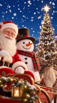 Smiling santa claus waving hand alongside snowman and reindeer in red sleigh under falling snowflakes with illuminated christmas tree in winter village at night, 3D holiday render