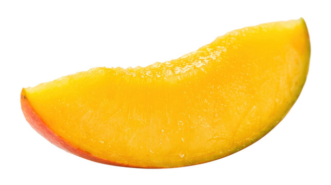 Single ripe mango slice with vibrant golden-yellow flesh, smooth curved shape and juicy fresh surface, premium tropical fruit with appetizing natural texture, photorealistic, three-quarter macro view,