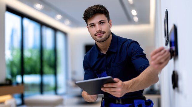 Technician using tablet for smart home system installation