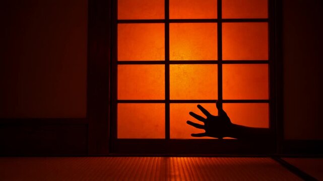 Hand silhouette reaching low on an amber lantern lit shoji panel in a dark tatami room