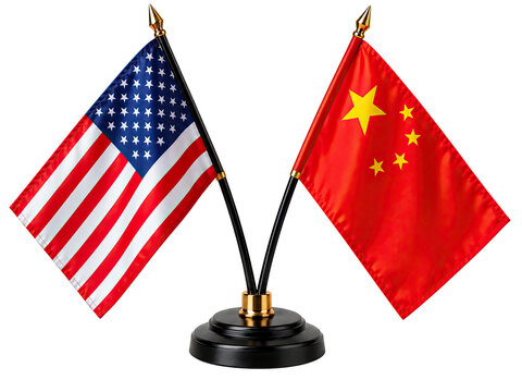 United States and China National Flags Displayed Together Representing Global Trade, Economic Competition, Diplomacy and International Relations