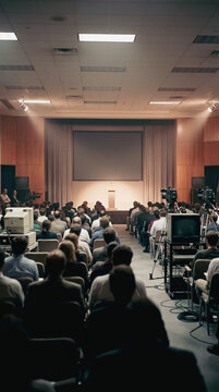 Audience in a conference hall listening to a presentation
