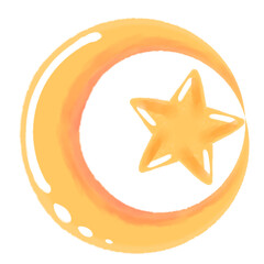 Golden crescent moon and star icon on transparent background © Andi