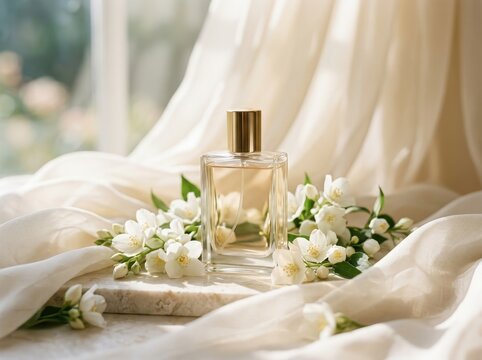 Luxury Perfume Bottle Surrounded by White Jasmine Flowers on Soft Silk Fabric