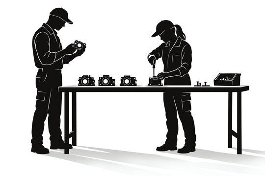 Factory workers assembling products on a production line