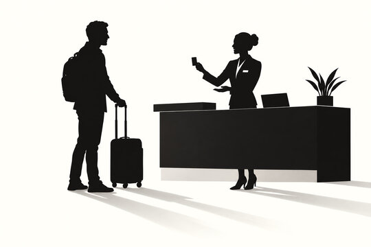 Hotel receptionist welcoming a guest with luggage