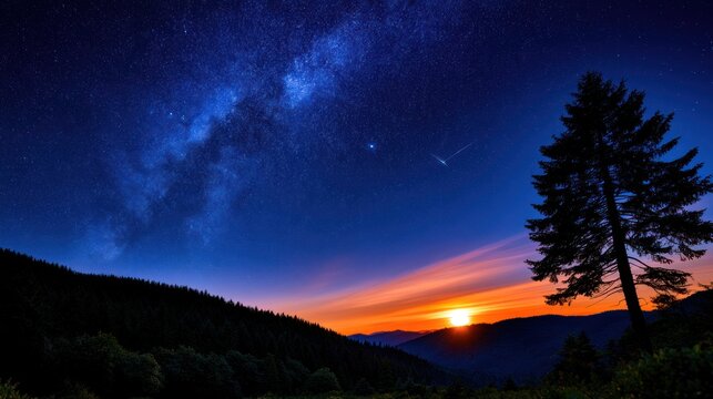 Vast night sky over rolling hills at sunset