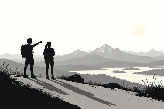 Hikers enjoying a panoramic mountain landscape