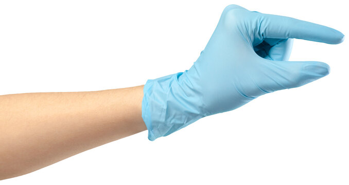 Hand wearing a blue glove showing a pinching gesture