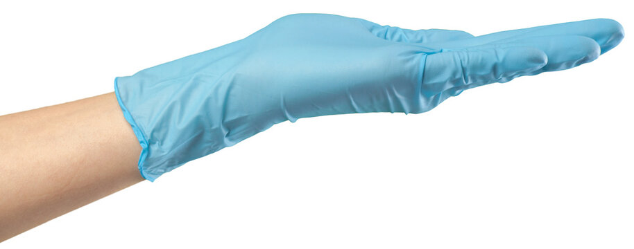 Hand wearing a blue latex glove extended with fingers open