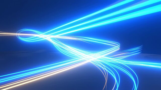 Abstract light trails sweep and intersect across a dark blue digital field. Technology presentations, digital product intros, and networking graphics.