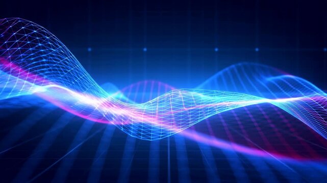 Glowing digital waves flow across a dark wireframe grid in an abstract technology background. Technology presentations, data visualization projects, and digital communication advertising.