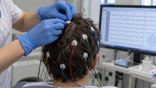 Close-up of a technician gloved hands placing small round electrodes with colored lead wires onto the hair-covered head of a seated patient. Routine EEG recording concept.