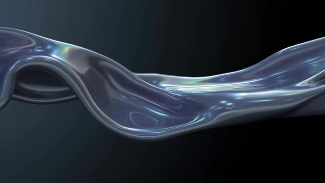 Iridescent fluid ribbon undulates across a dark abstract field. Technology presentation, luxury branding, and digital title sequence.
