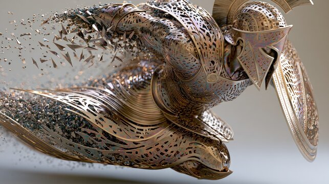 Warrior dissolving into abstract particles technology concept