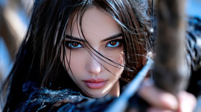 Warrior woman aiming bow arrow outdoors