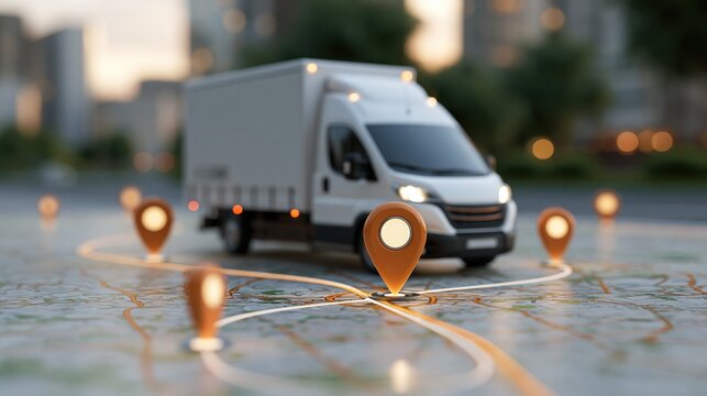White delivery truck navigating city map with location pins