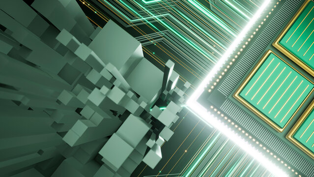 3d abstract digital cubes with glowing green technology patterns