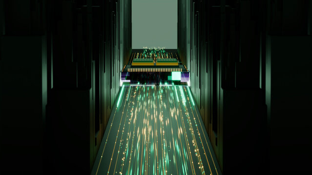 Computer chip processing glowing data streams inside circuit board