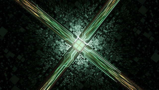 Digital microchip with glowing green circuit lines and electronic