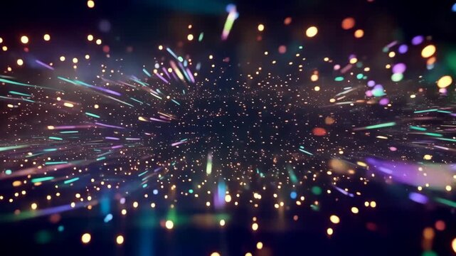 Colorful glowing particles and light streaks rushing toward a dark central point in dynamic abstract space, creating a vivid digital motion background animation