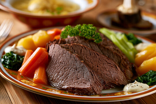 Classic Austrian Tafelspitz main course with tender boiled beef, carrots, potatoes, and traditional sauces