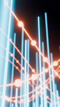 3d digital data visualization with blue bars and orange line graphs