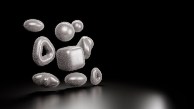 Abstract 3d geometric shapes with furry texture float above