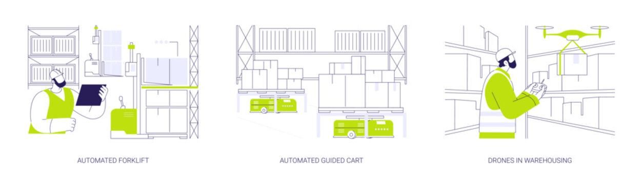 Automated vehicles in warehousing abstract concept vector illustrations.