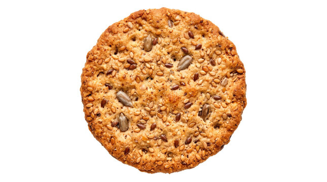 Single round multigrain cracker with toasted golden surface, visible sesame, flax and sunflower seeds, crisp wholesome snack texture, photorealistic, top-down close-up view, razor-sharp focus,