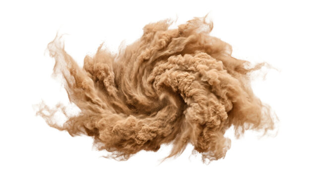 Sandstorm cloud, single swirling mass of airborne desert sand with dense beige-brown particulate texture, dramatic curved motion and realistic wind-swept form, photorealistic natural phenomenon