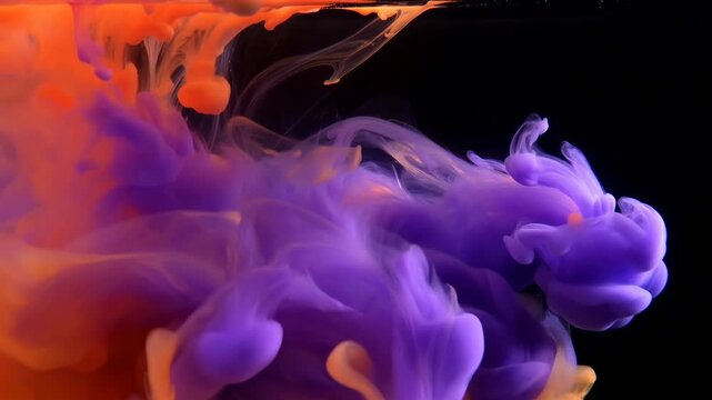 Orange and purple ink clouds swirl and diffuse against a black background. Motion graphics, title sequence, and advertising design.