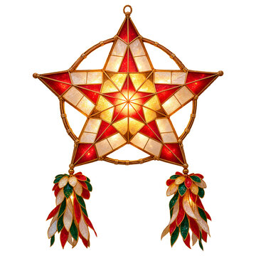 Filipino parol Christmas star lantern with bamboo frame and colorful capiz-style panels isolated on transparent background