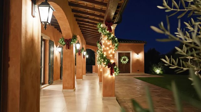 Warmly illuminated Mediterranean style veranda with terracotta arches, wooden ceiling beams and Christmas garlands tied with red bows, leading toward a glowing wreath across a courtyard at night