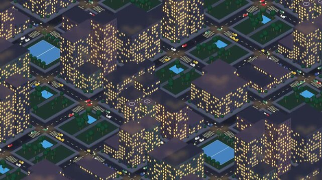 Isometric 3D city at night loop, glowing windows and street lights with moving car headlights, low poly urban skyline from above, cozy night town animation for tech, business and game video