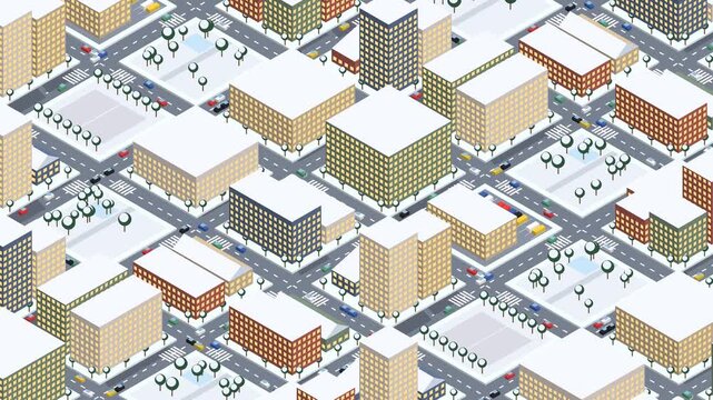 Isometric 3D winter town loop, snowy low poly city with white rooftops, frosted trees and moving cars, cozy snow covered streets from above, seasonal winter background for holiday and promo video