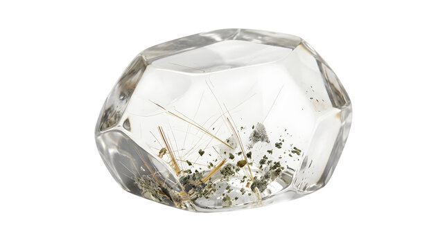 Clear quartz crystal with rutile and chlorite inclusions, a natural gemstone specimen. Transparent mineral rock, perfect for geology, healing, or jewelry design.