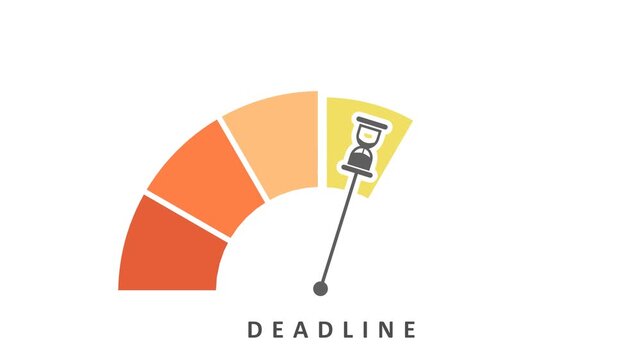 A tick dial scale with an hourglass pointer reads DEADLINE in a high zone. It presents time pressure, schedule, planning, management, project, task, countdown, urgency, stress and rush.