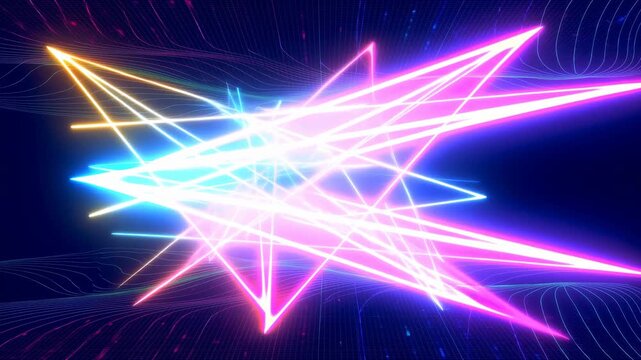 Neon geometric light forms shift across an abstract digital field. Technology presentation, music event opener, and futuristic title sequence.