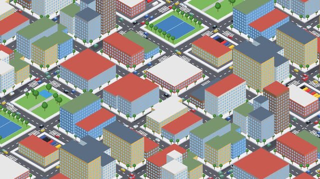 Isometric 3D city loop, colorful low poly town with moving cars and traffic, buildings, parks and streets from above, urban map animation for business, real estate and infographic video