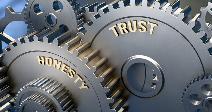 Honesty is a power gear of trust. It's the driving force in the Trust Engine. Honesty sets trust in motion. No AI, created by humans for humans. ,3d illustration