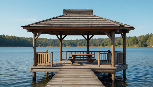 Wooden gazebo on a floating platform at the lake