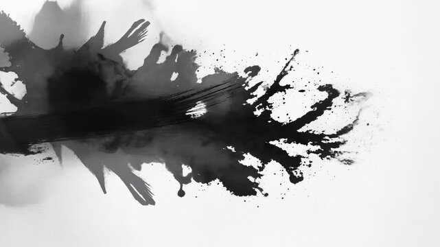 Black ink spreads and splatters across a white field in an abstract artistic composition. Title sequence, film and transitions, and creative branding.