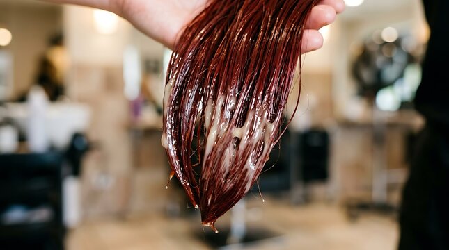 Close up of wet red hair ends with glossy mask texture after treatment. Concept of split end repair, hydration, color protection, salon care and cosmetic product demo.