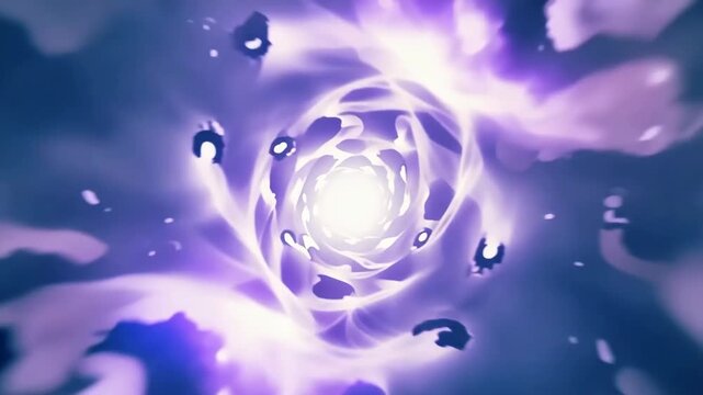 Abstract blue and purple luminous forms rotate inward toward a bright central spiral, creating a fluid kaleidoscopic tunnel animation with shifting silhouettes and glowing motion
