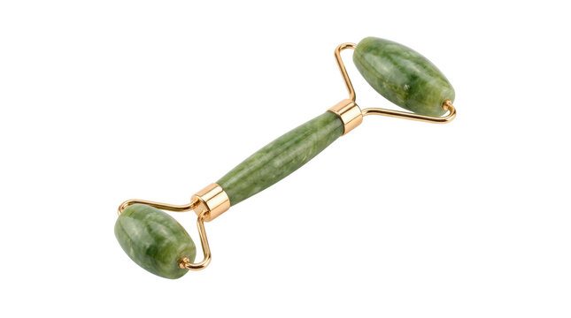 Green jade facial roller, photorealistic polished stone beauty tool with smooth jade cylinder, elegant metal frame, and refined craftsmanship, three-quarter diagonal view, razor-sharp focus,