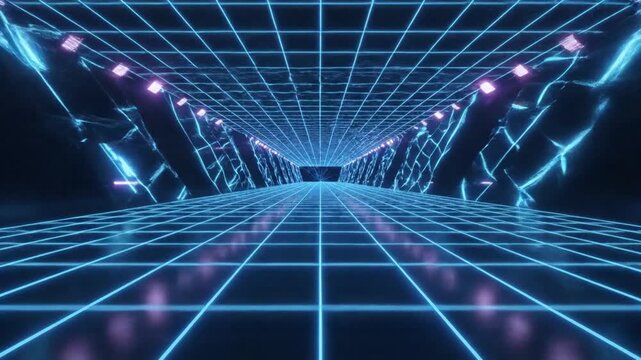 Moving through a glowing blue digital grid tunnel in virtual space