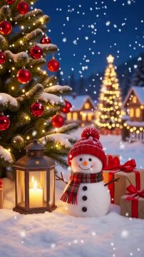Little snowman with red scarf and hat standing in snow near illuminated christmas tree with glowing ornaments and candle lantern with falling snowflakes at night during cozy winter holiday celebration